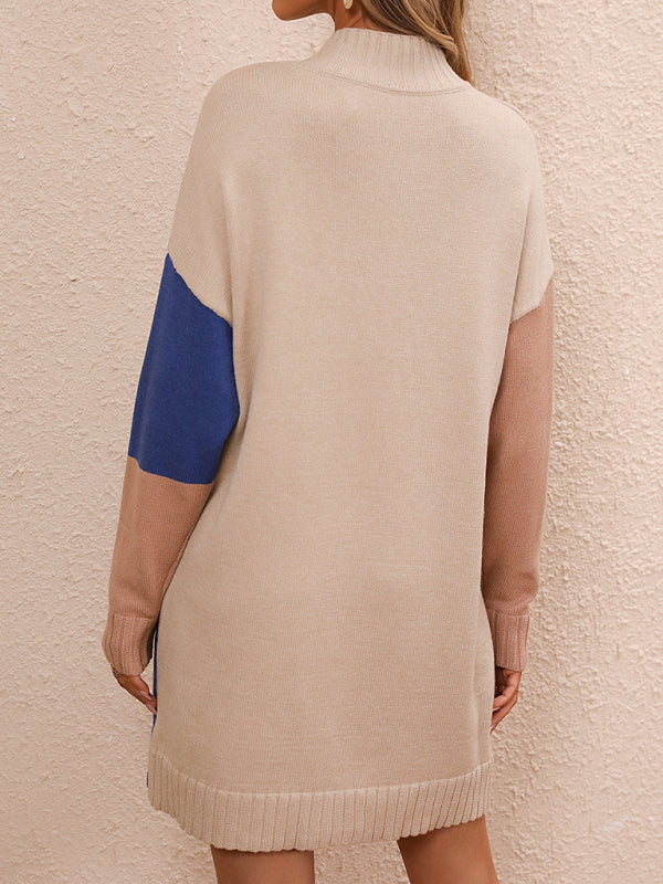 Blue Zone Planet | Color Block Dress Crew Neck Knit Long Sweater BLUE ZONE PLANET