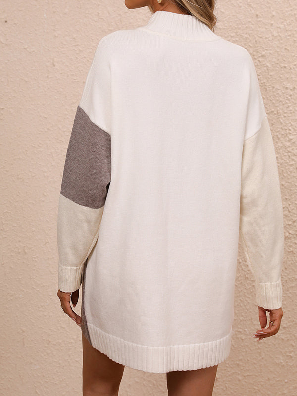 Blue Zone Planet | Color Block Dress Crew Neck Knit Long Sweater BLUE ZONE PLANET