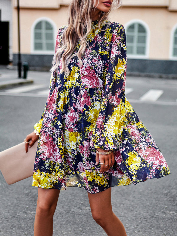 High Neck Stretch Ruffle Long Sleeve Dress kakaclo
