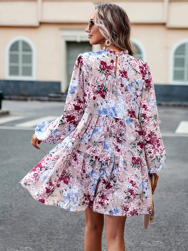 High Neck Stretch Ruffle Long Sleeve Dress kakaclo