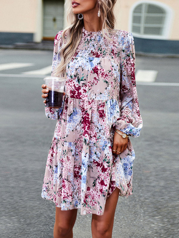 High Neck Stretch Ruffle Long Sleeve Dress kakaclo