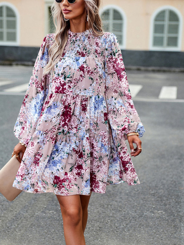 High Neck Stretch Ruffle Long Sleeve Dress kakaclo