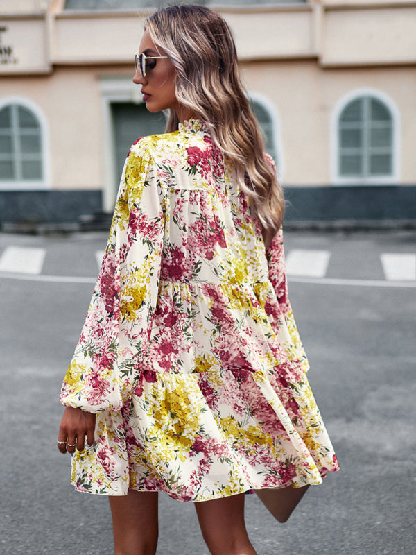 High Neck Stretch Ruffle Long Sleeve Dress kakaclo