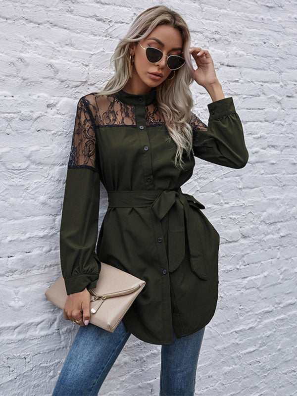 Long round neck, long sleeves and waisted black patchwork lace shirt kakaclo