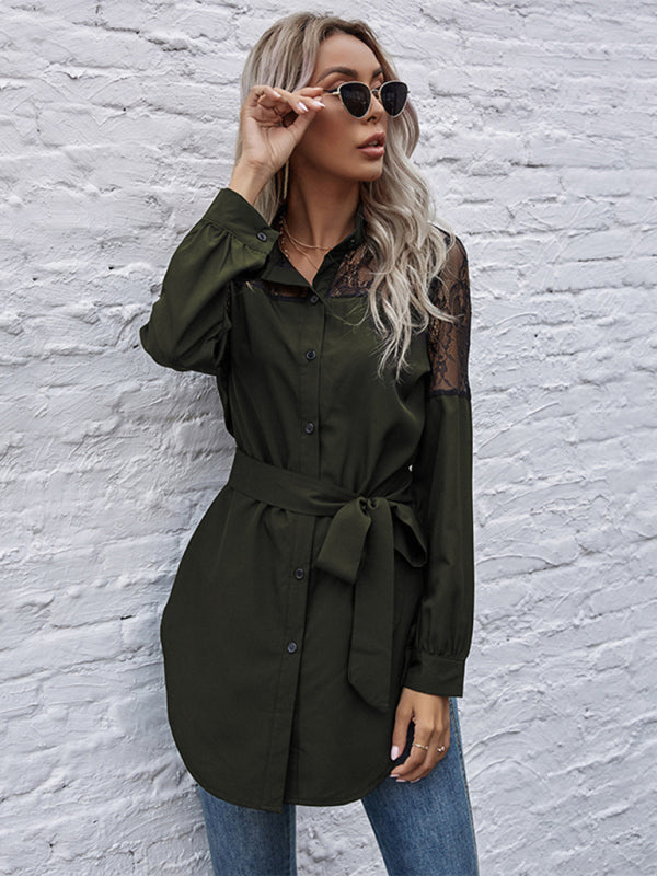 Long round neck, long sleeves and waisted black patchwork lace shirt kakaclo