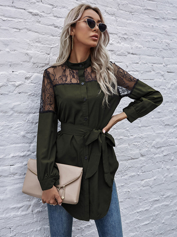 Long round neck, long sleeves and waisted black patchwork lace shirt kakaclo