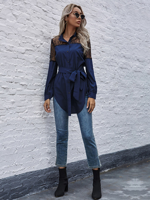 Long round neck, long sleeves and waisted black patchwork lace shirt kakaclo