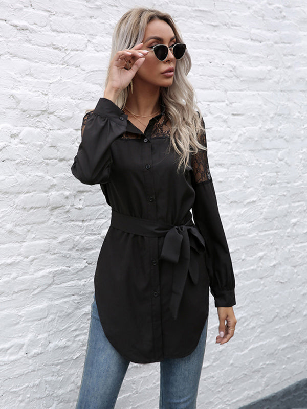 Long round neck, long sleeves and waisted black patchwork lace shirt kakaclo