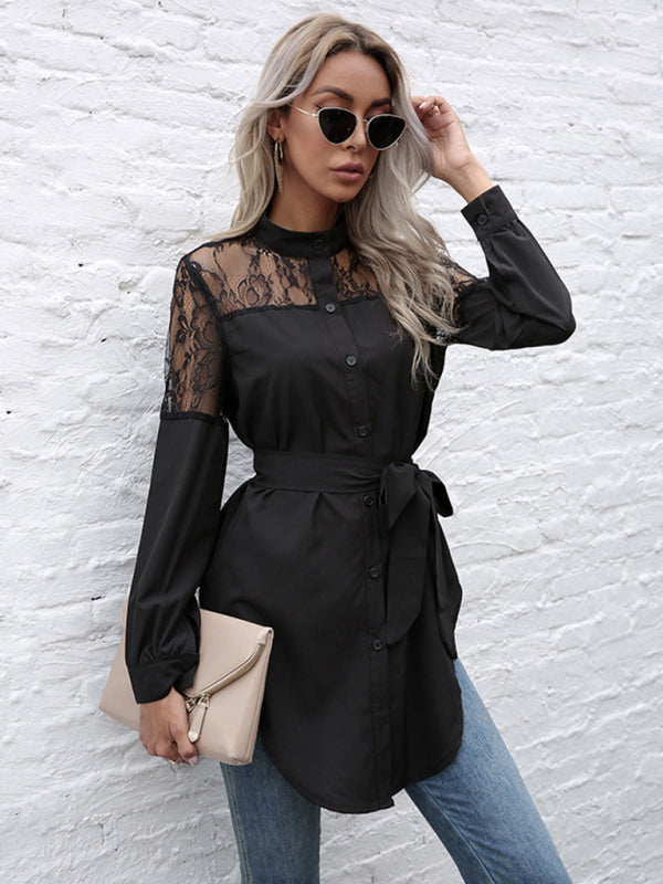 Long round neck, long sleeves and waisted black patchwork lace shirt kakaclo