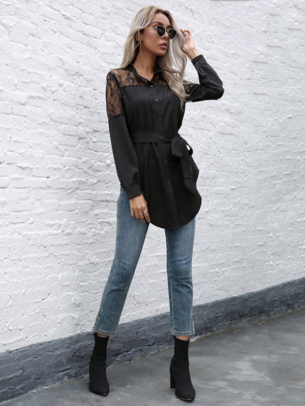 Long round neck, long sleeves and waisted black patchwork lace shirt kakaclo