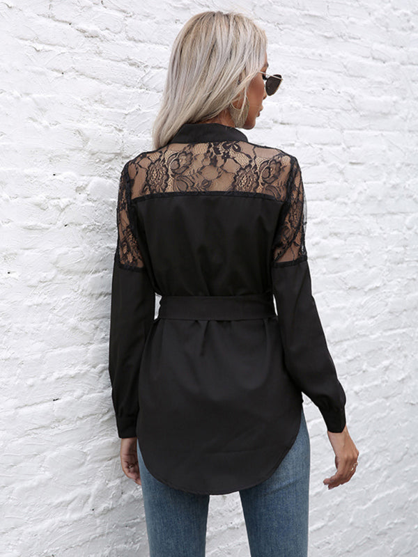 Long round neck, long sleeves and waisted black patchwork lace shirt kakaclo