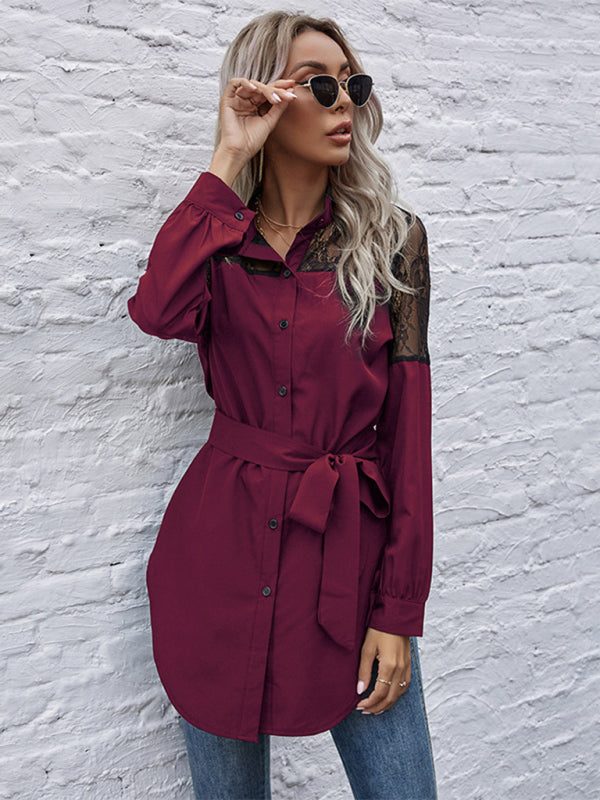 Long round neck, long sleeves and waisted black patchwork lace shirt kakaclo