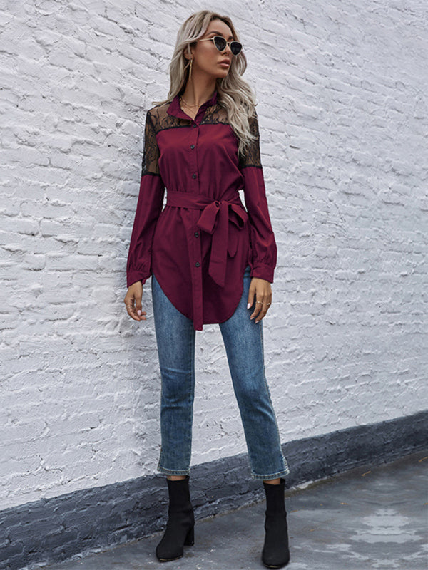 Long round neck, long sleeves and waisted black patchwork lace shirt kakaclo