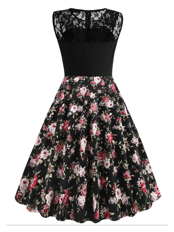 Blue Zone Planet | Lace Stitching Sleeveless Printed Vintage Dress BLUE ZONE PLANET
