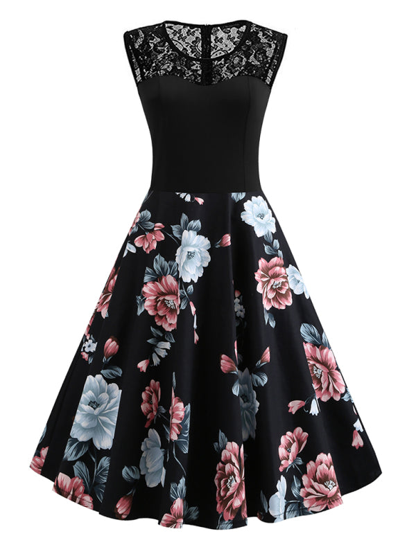 Blue Zone Planet | Lace Stitching Sleeveless Printed Vintage Dress BLUE ZONE PLANET