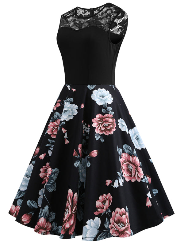 Blue Zone Planet | Lace Stitching Sleeveless Printed Vintage Dress BLUE ZONE PLANET