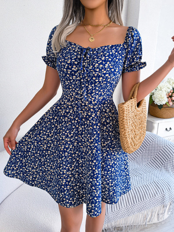 Blue Zone Planet | Bell Sleeve Drawstring Tie Floral Swing Mini Dress BLUE ZONE PLANET
