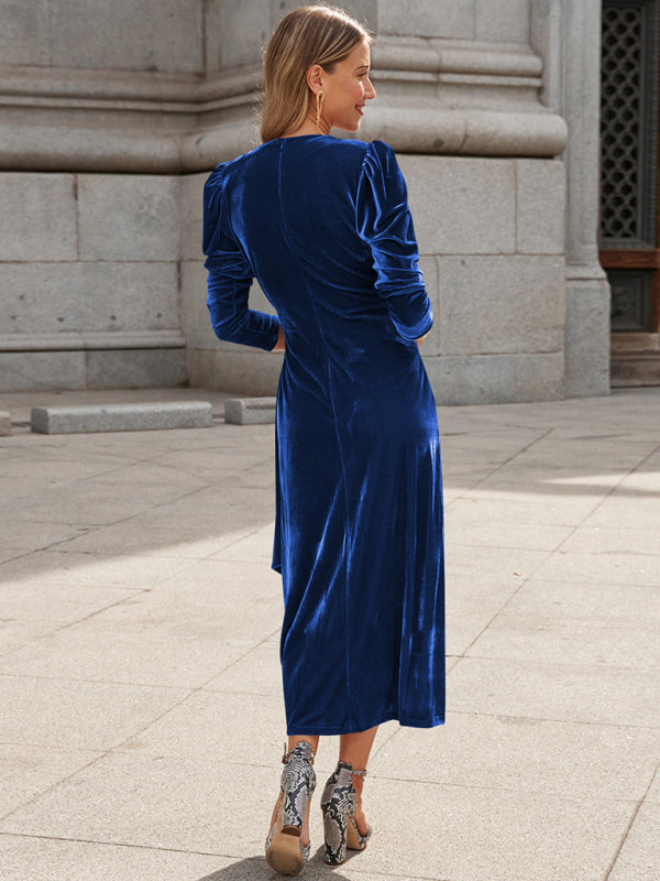 Blue Zone Planet |  French Elegant Long Sleeve Evening Gown Gold Velvet Dress BLUE ZONE PLANET