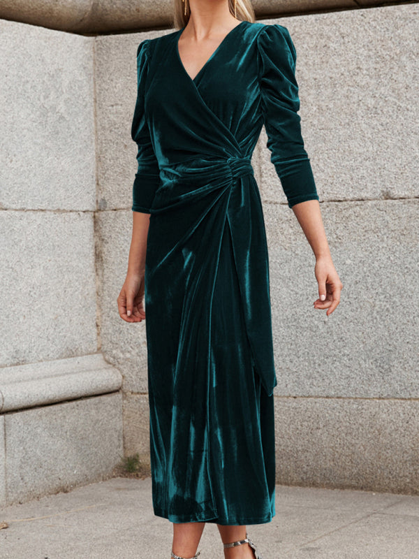 Blue Zone Planet |  French Elegant Long Sleeve Evening Gown Gold Velvet Dress BLUE ZONE PLANET