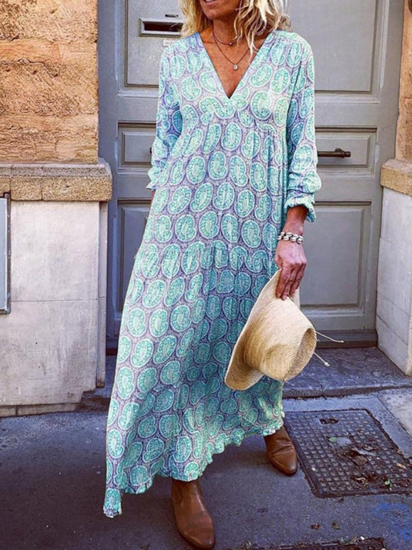 V-neck long-sleeved printed loose long dress kakaclo