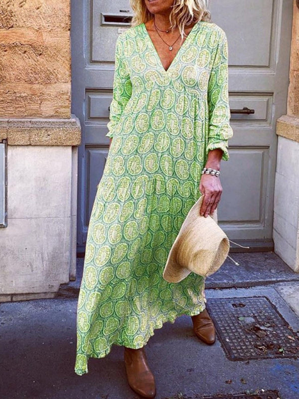 V-neck long-sleeved printed loose long dress kakaclo