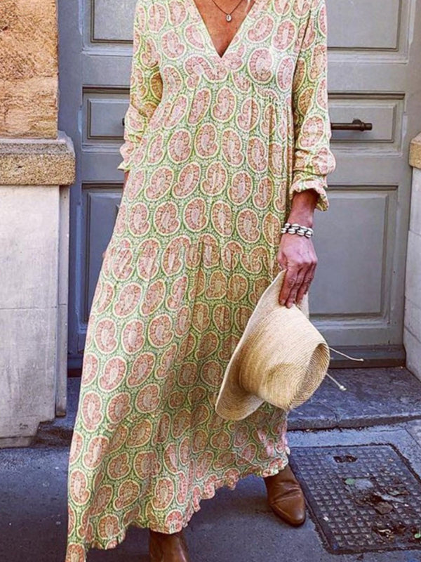 V-neck long-sleeved printed loose long dress kakaclo