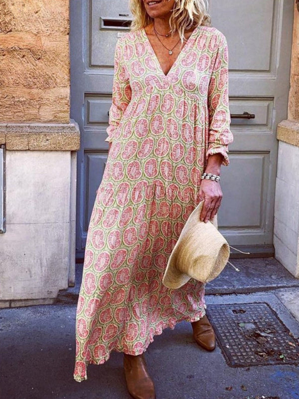 V-neck long-sleeved printed loose long dress kakaclo