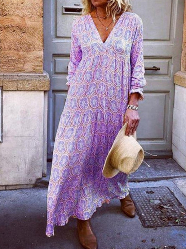 V-neck long-sleeved printed loose long dress kakaclo