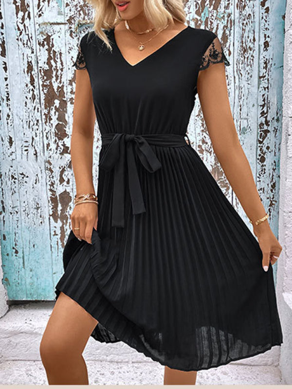 lace stitching solid color pleated dress kakaclo