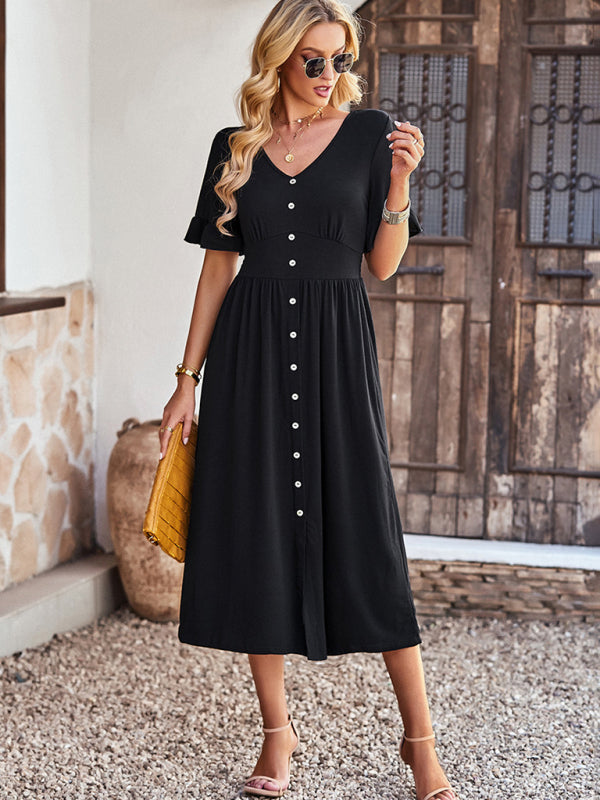 Blue Zone Planet | Emily's Elegant V-Neck Short-Sleeved Ruffle Midi Dress kakaclo
