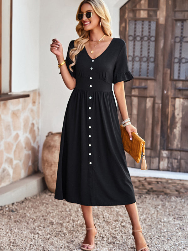 Blue Zone Planet | Emily's Elegant V-Neck Short-Sleeved Ruffle Midi Dress kakaclo