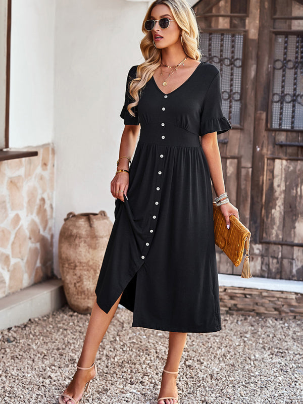 Blue Zone Planet | Emily's Elegant V-Neck Short-Sleeved Ruffle Midi Dress kakaclo