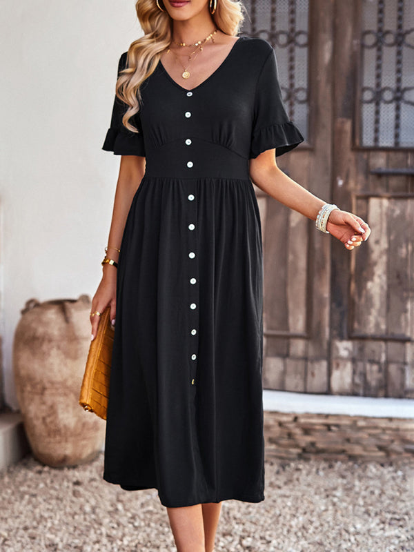 Blue Zone Planet | Emily's Elegant V-Neck Short-Sleeved Ruffle Midi Dress kakaclo