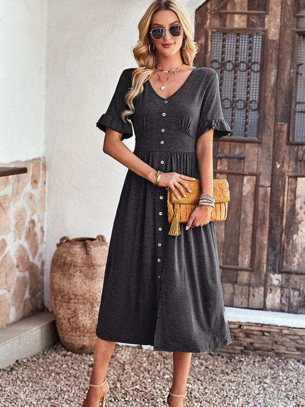 Blue Zone Planet | Emily's Elegant V-Neck Short-Sleeved Ruffle Midi Dress kakaclo