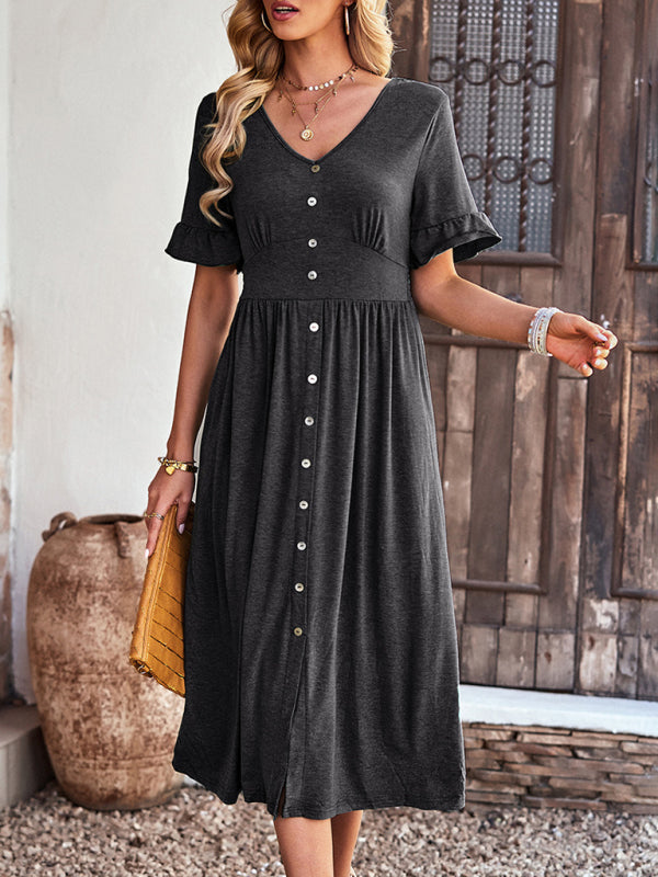 Blue Zone Planet | Emily's Elegant V-Neck Short-Sleeved Ruffle Midi Dress kakaclo