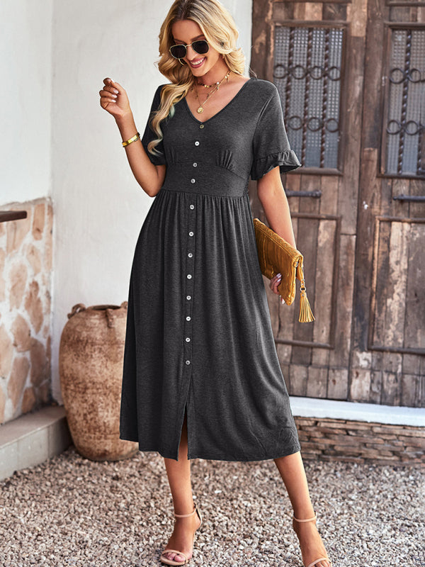Blue Zone Planet | Emily's Elegant V-Neck Short-Sleeved Ruffle Midi Dress kakaclo