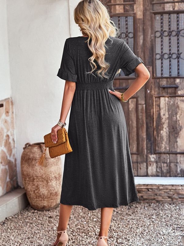 Blue Zone Planet | Emily's Elegant V-Neck Short-Sleeved Ruffle Midi Dress kakaclo