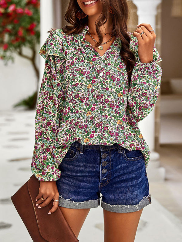 Blue Zone Planet | plant floral print long-sleeved shirt top BLUE ZONE PLANET