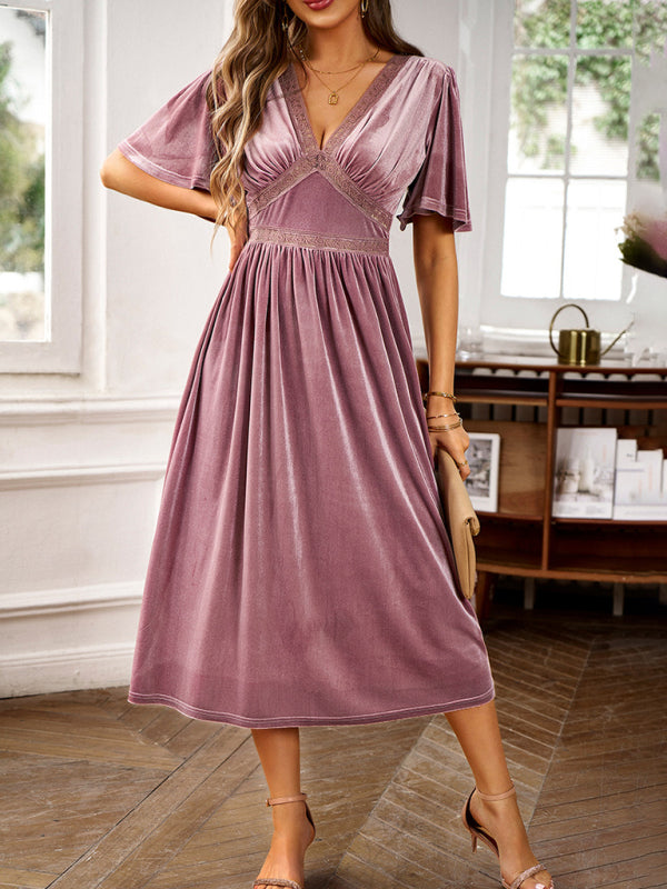 Blue Zone | V-neck short-sleeved velvet midi dress - Blue Zone Pink / S by Blue Zone Planet Blue Zone | V-neck short-sleeved velvet midi dress - Blue Zone Pink / S by Blue Zone Planet