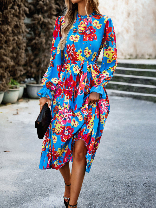 Blue Zone Planet | Holiday round neck pleated belt printed dress BLUE ZONE PLANET