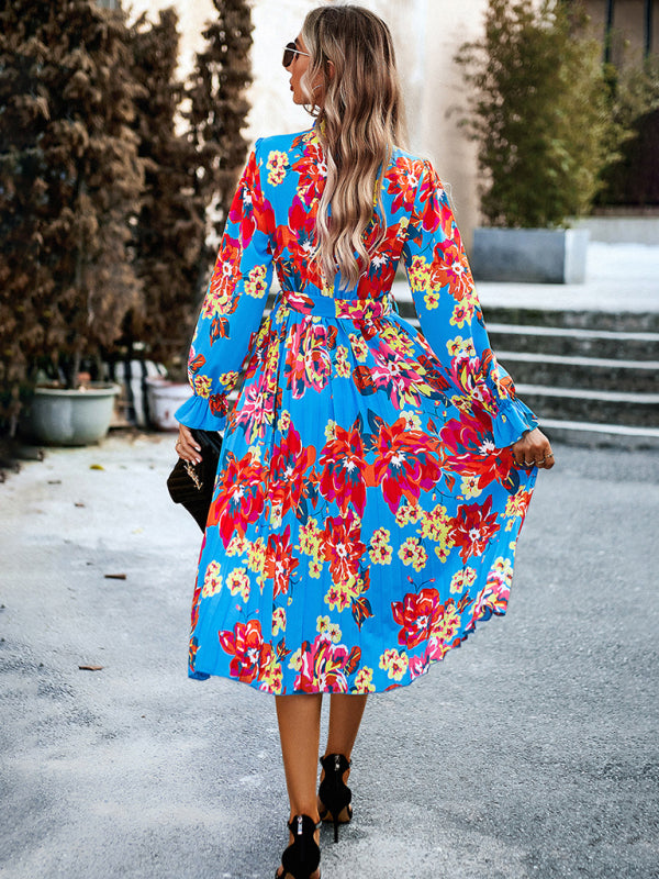 Blue Zone Planet | Holiday round neck pleated belt printed dress BLUE ZONE PLANET