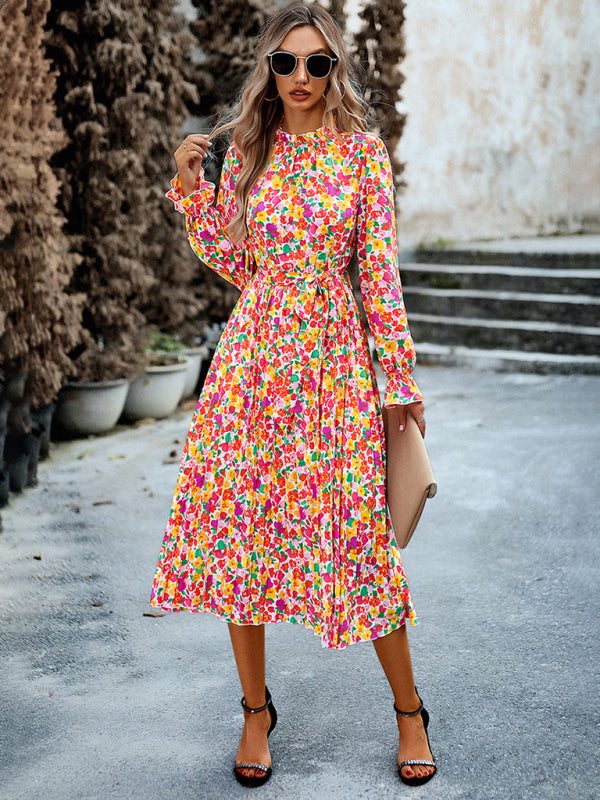 Blue Zone Planet | Holiday round neck pleated belt printed dress BLUE ZONE PLANET