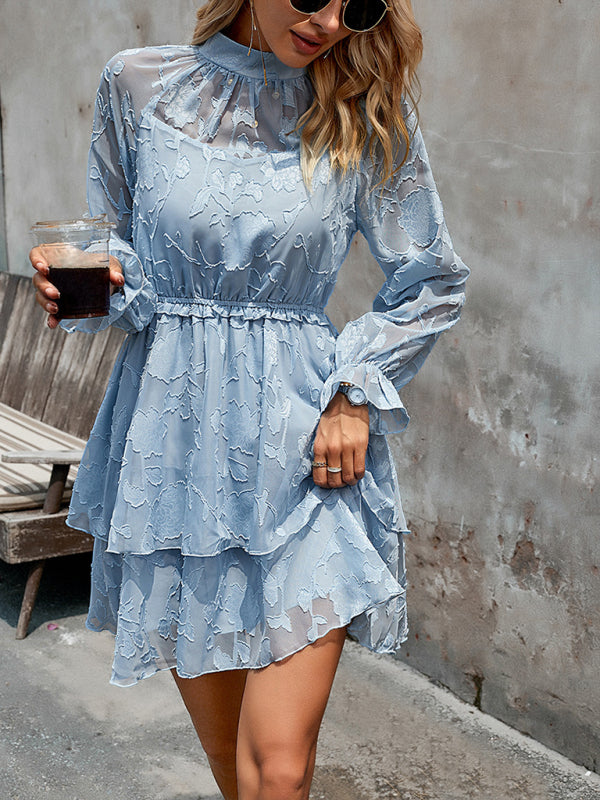 style elegant jacquard round neck long-sleeved skirt kakaclo