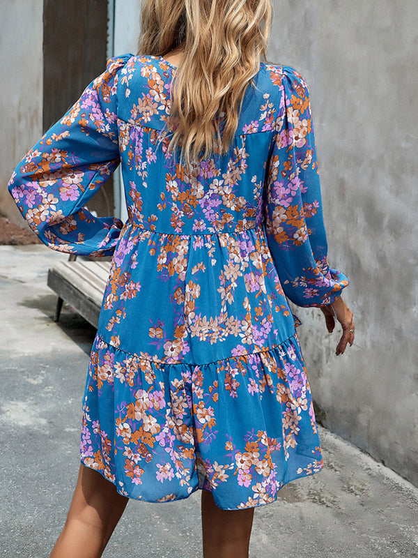 Floral Print Round Neck Skirt Chiffon Layered Dress BLUE ZONE PLANET
