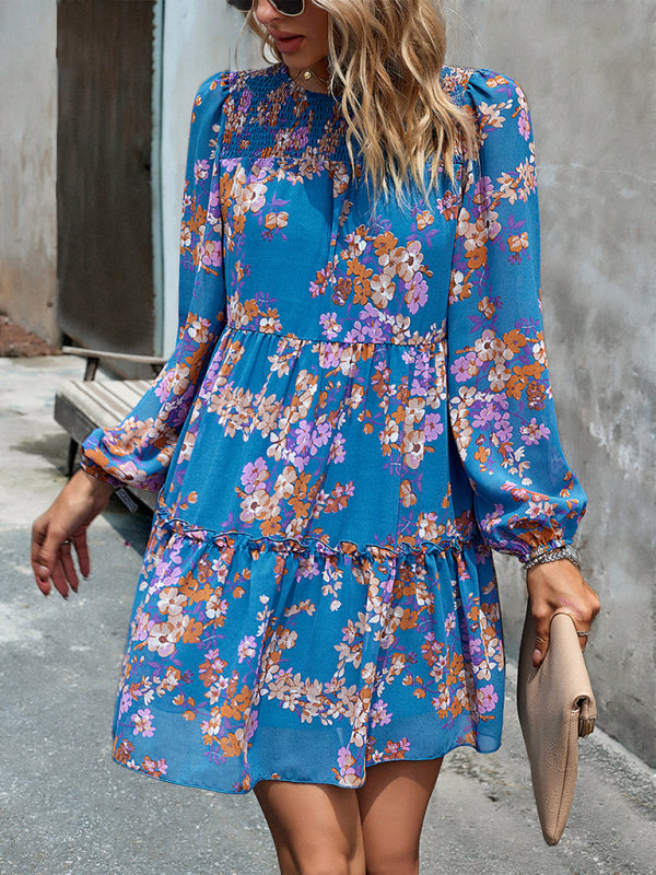 Floral Print Round Neck Skirt Chiffon Layered Dress BLUE ZONE PLANET