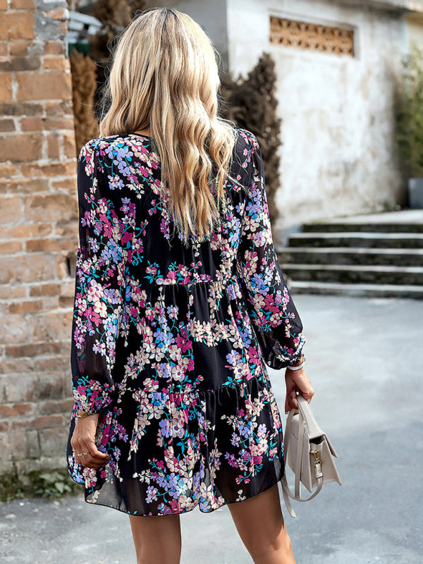Floral Print Round Neck Skirt Chiffon Layered Dress BLUE ZONE PLANET