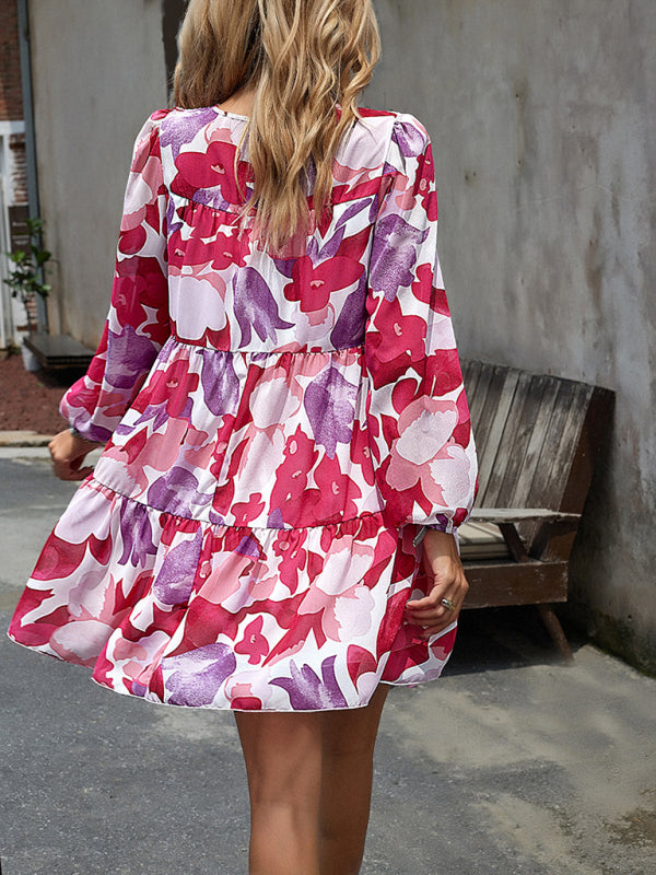 Floral Print Round Neck Skirt Chiffon Layered Dress BLUE ZONE PLANET