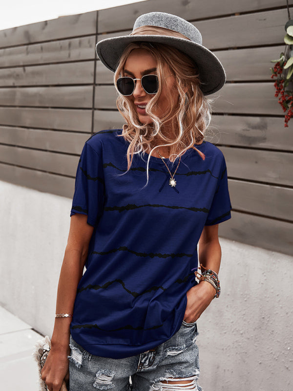 Blue Zone Planet | Round Neck T-Shirt Positioning Flower Short Sleeve Ladies BLUE ZONE PLANET