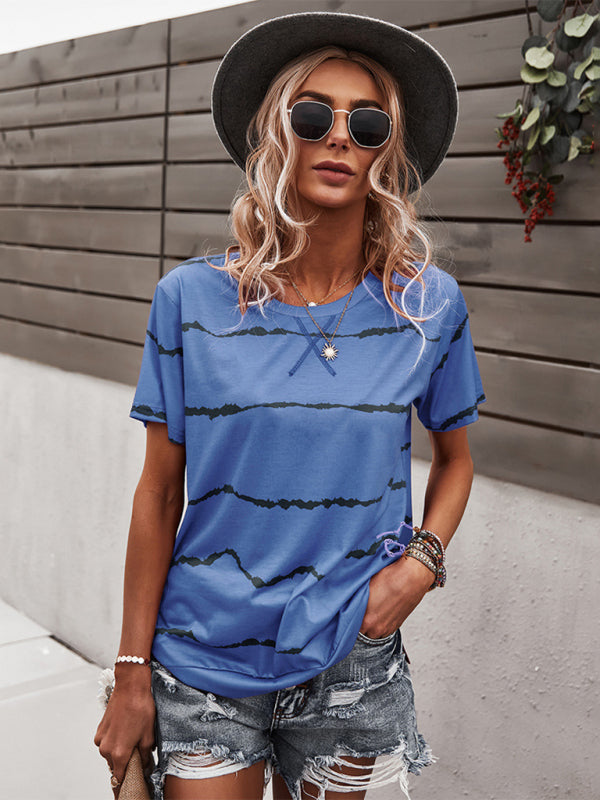 Blue Zone Planet | Round Neck T-Shirt Positioning Flower Short Sleeve Ladies BLUE ZONE PLANET