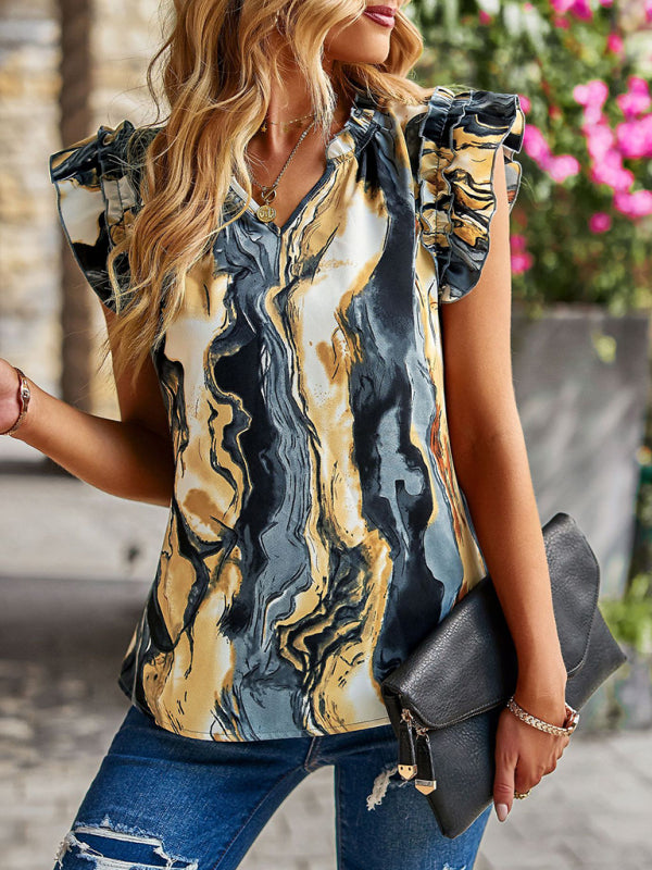Ava's V-Neck Ruffled Sleeve Floral Print Top kakaclo